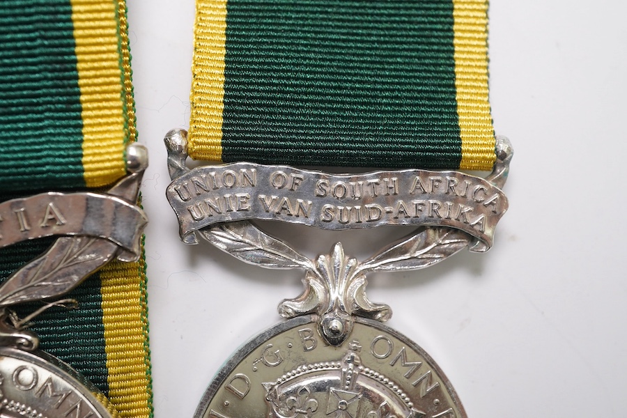 Six assorted Efficiency medals; GV (C) India to Pte.F.S.Slee,1 E.I.RY.R.,A.F.I.;GV (A) Territorial to 477046 Sjt H.W.Pawley, R.A.M.C.; GVI Militia to 2313197 Sclmn.S.H.Dummer, R.Signals.; GVI Territorial to 1434970 Gnr C